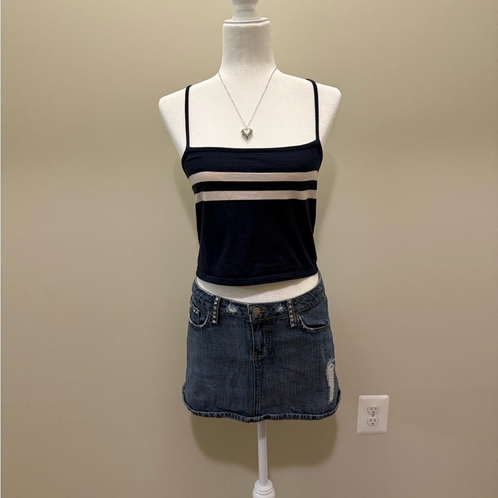 Brandy Melville navy blue and white striped crop tank top